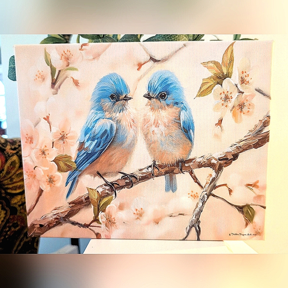 New! Canvas Painting Blue and Cream "Love Birds" Art. 8 X 10. Ready to hang.